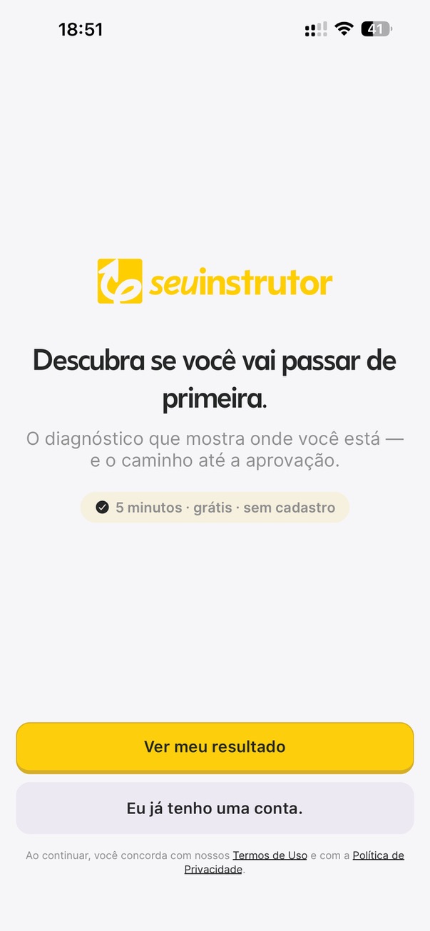Tela de boas-vindas do app com o diagnóstico gratuito de 5 minutos, sem cadastro.