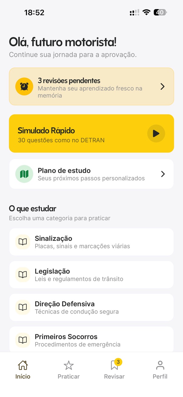 Tela inicial do app Seu Instrutor: revisões pendentes, simulado rápido de 30 questões, plano de estudo e categorias.