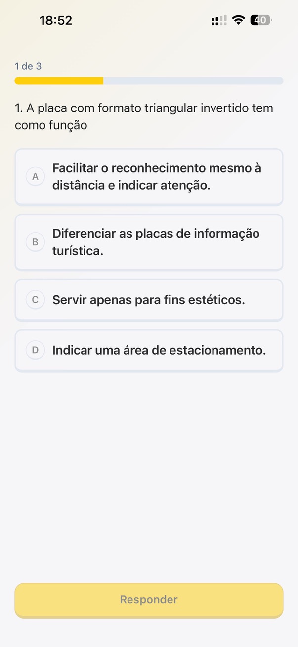 Questão de múltipla escolha sobre placas de trânsito, com quatro alternativas e barra de progresso.