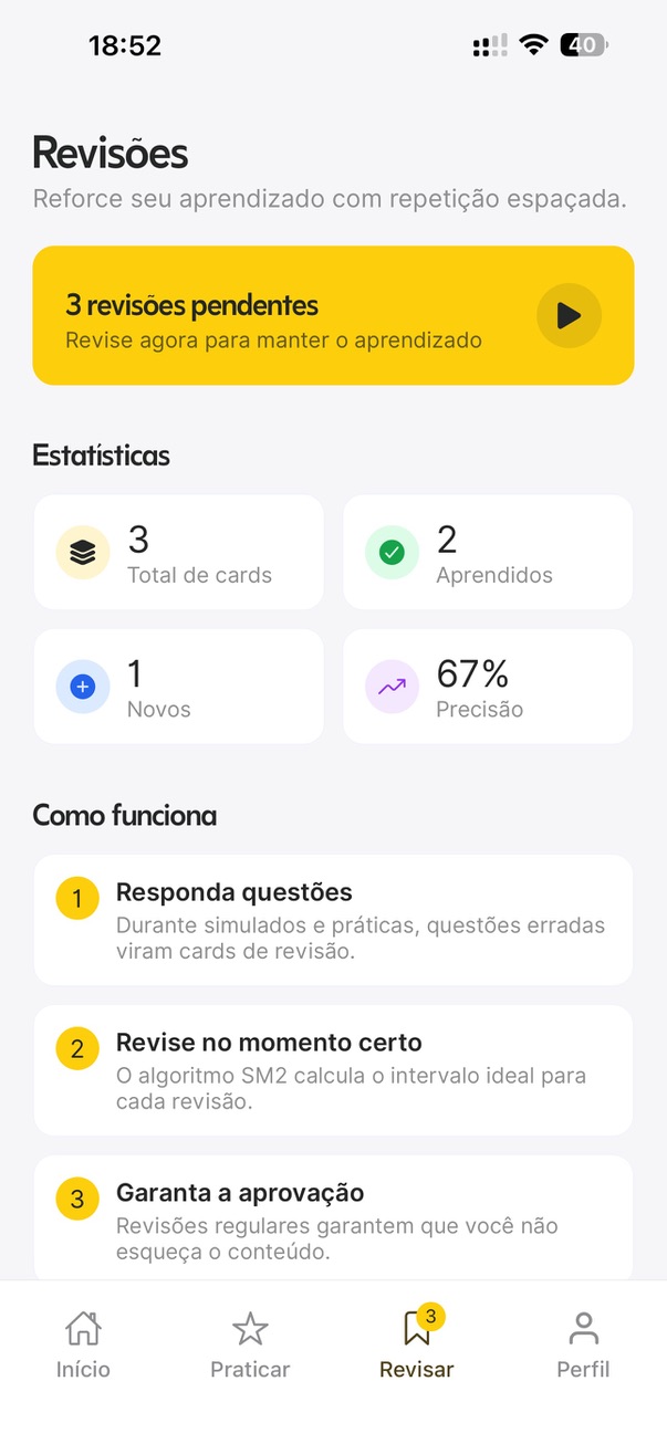 Tela de revisões com estatísticas de cards totais, aprendidos, novos e percentual de precisão.